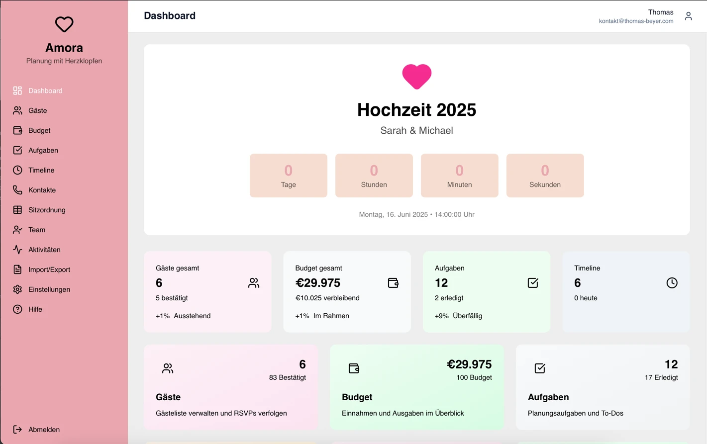 Amora Wedding Planning Dashboard - Modern interface with sidebar navigation, wedding countdown, guest management, budget tracking, and task planning
